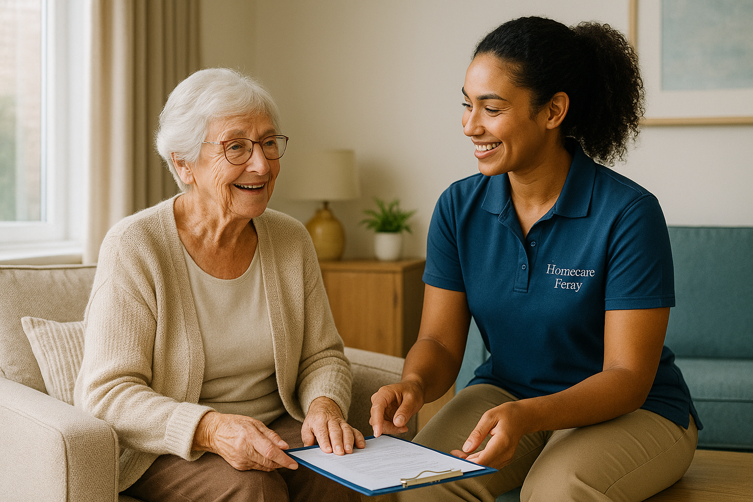 Thuiszorgmedewerker van Homecare Feray helpt een cliënt in een warme huiskamer